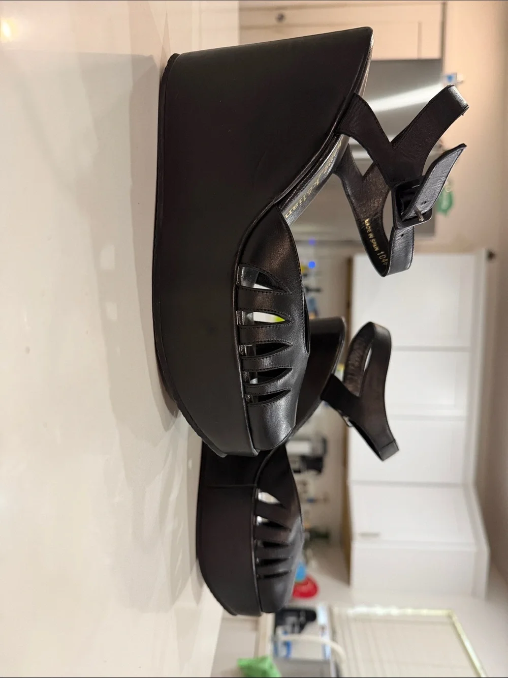 Stephane Kelian Black Leather Peep-Toe Wedge Sandals vintage brand new!